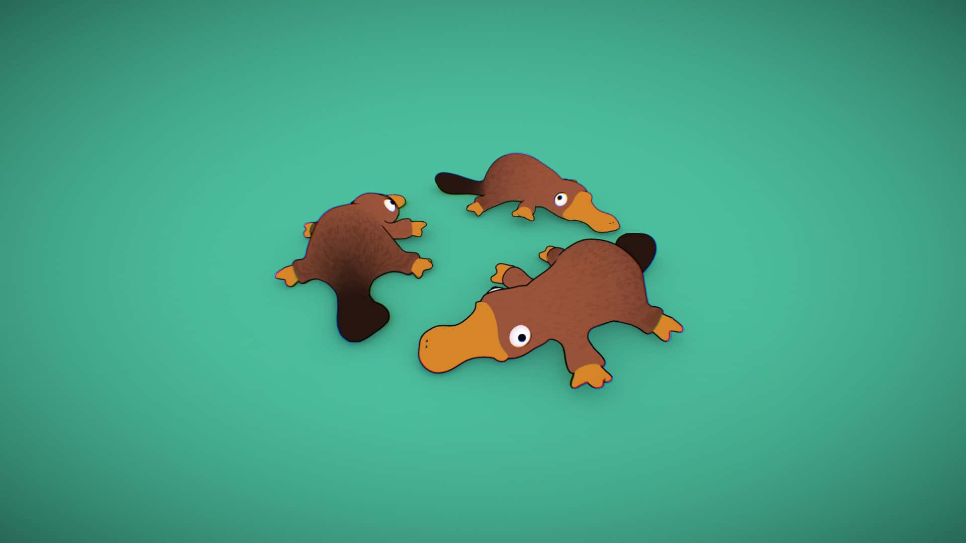 Platypus 桌布 壁紙 — 三隻卡通鴨嘴獸，擁有橙色喙和腳，漂浮在青綠色虛空中，以平面數位藝術風格呈現。