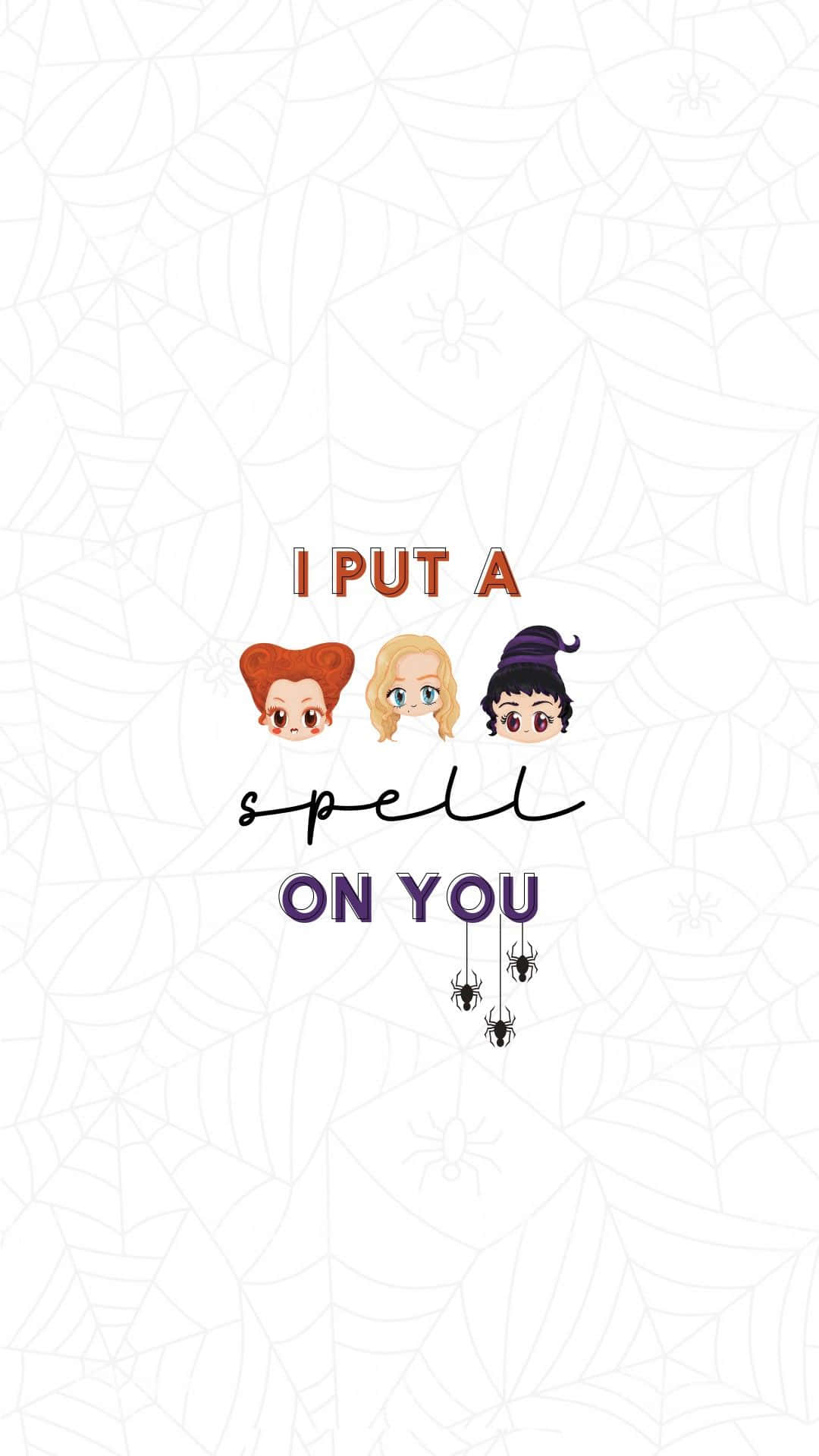  壁紙 — 三個卡通女巫，蜘蛛網背景，文字「I PUT A spell ON YOU」，掛著蜘蛛。