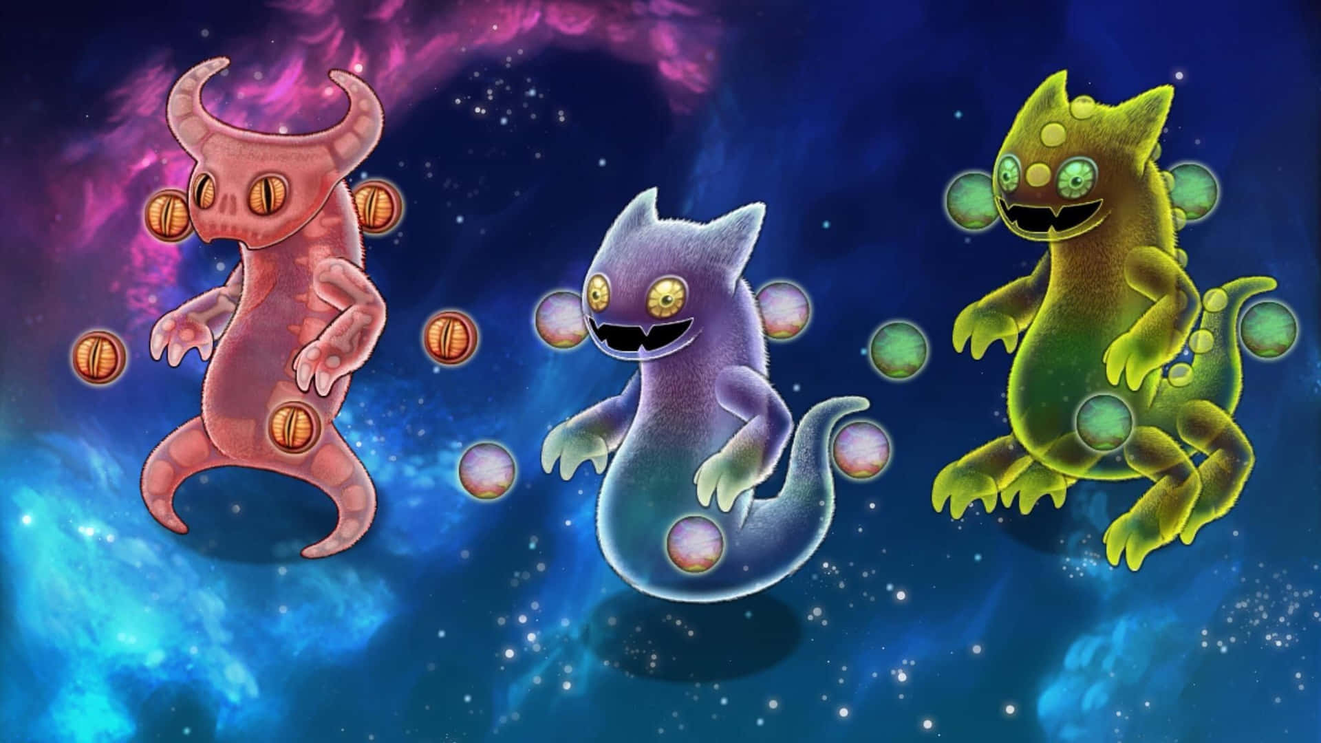  壁紙 — 三個卡通風格的外星生物在發光的球體之間漂浮，背景是充滿活力的宇宙星雲。