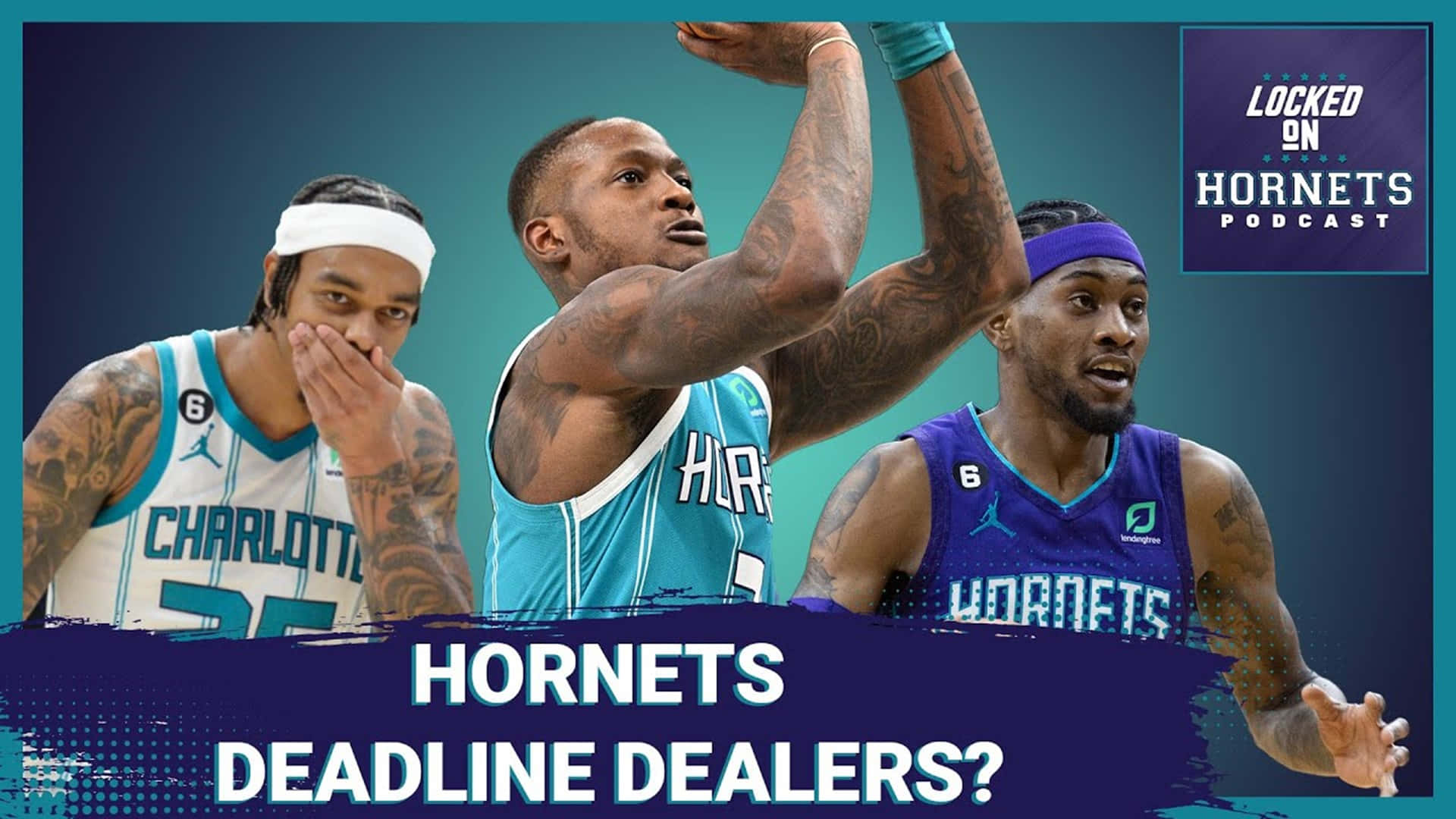 三位夏洛特黃蜂籃球運動員以比賽動作姿勢出現，紋身清晰可見。 — NBA 壁紙