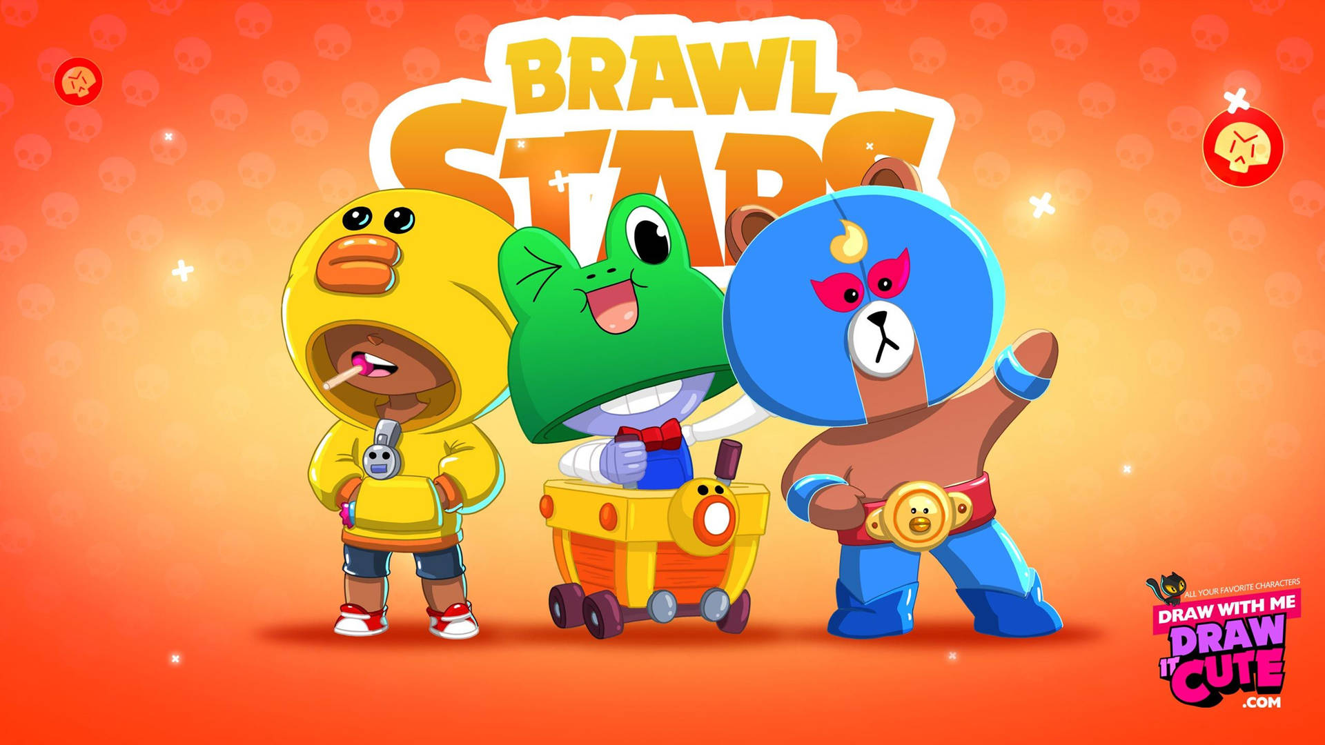 三個Brawl Stars角色在色彩繽紛的遊戲場景中快樂地擺姿勢。 — 4K 壁紙