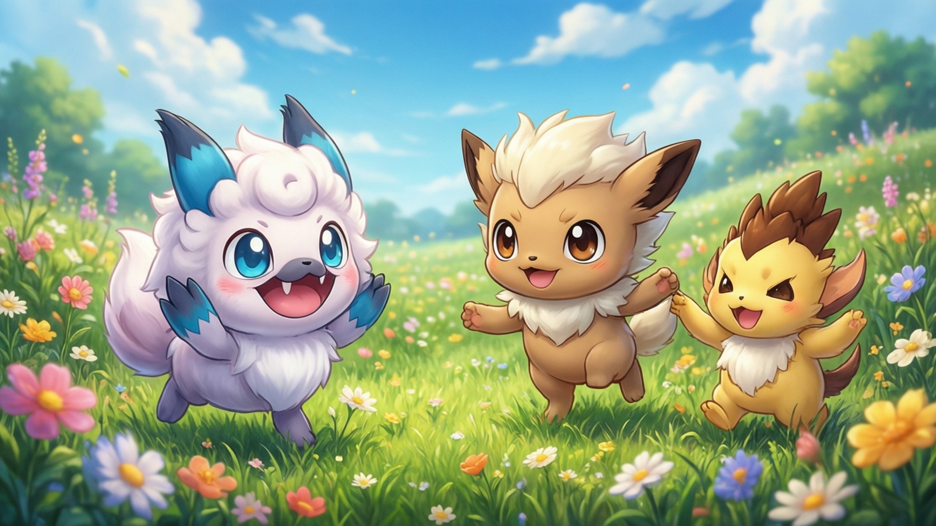 Galar Meadow Friends 壁紙 — 三隻快樂的 Pokémon 伊布變體在陽光明媚、開滿五顏六色野花的草地上歡快地跳躍。