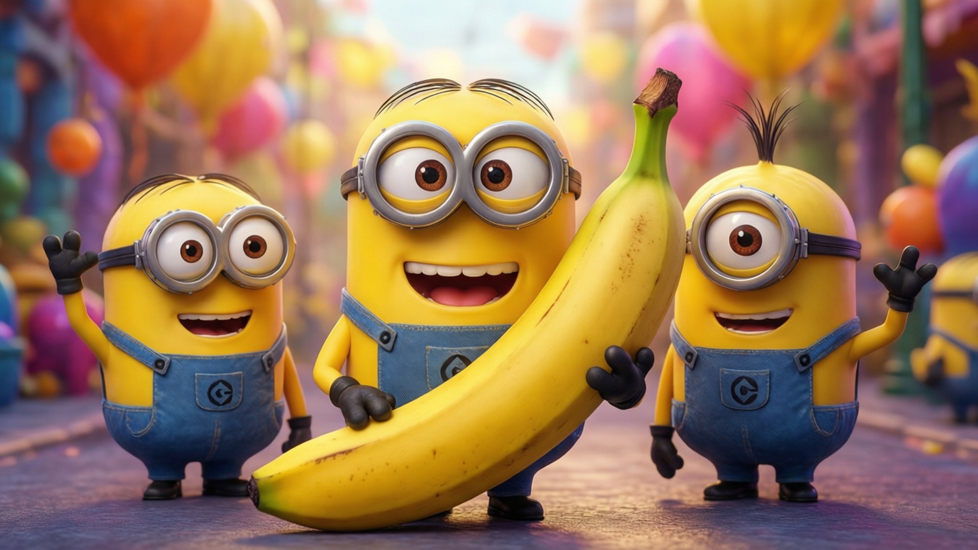 Cheerful Minions 壁紙 — 三個穿著藍色吊帶褲的開心黃色小小兵，在充滿彩色氣球的嘉年華背景下，高興地拿著一根巨大的香蕉。
