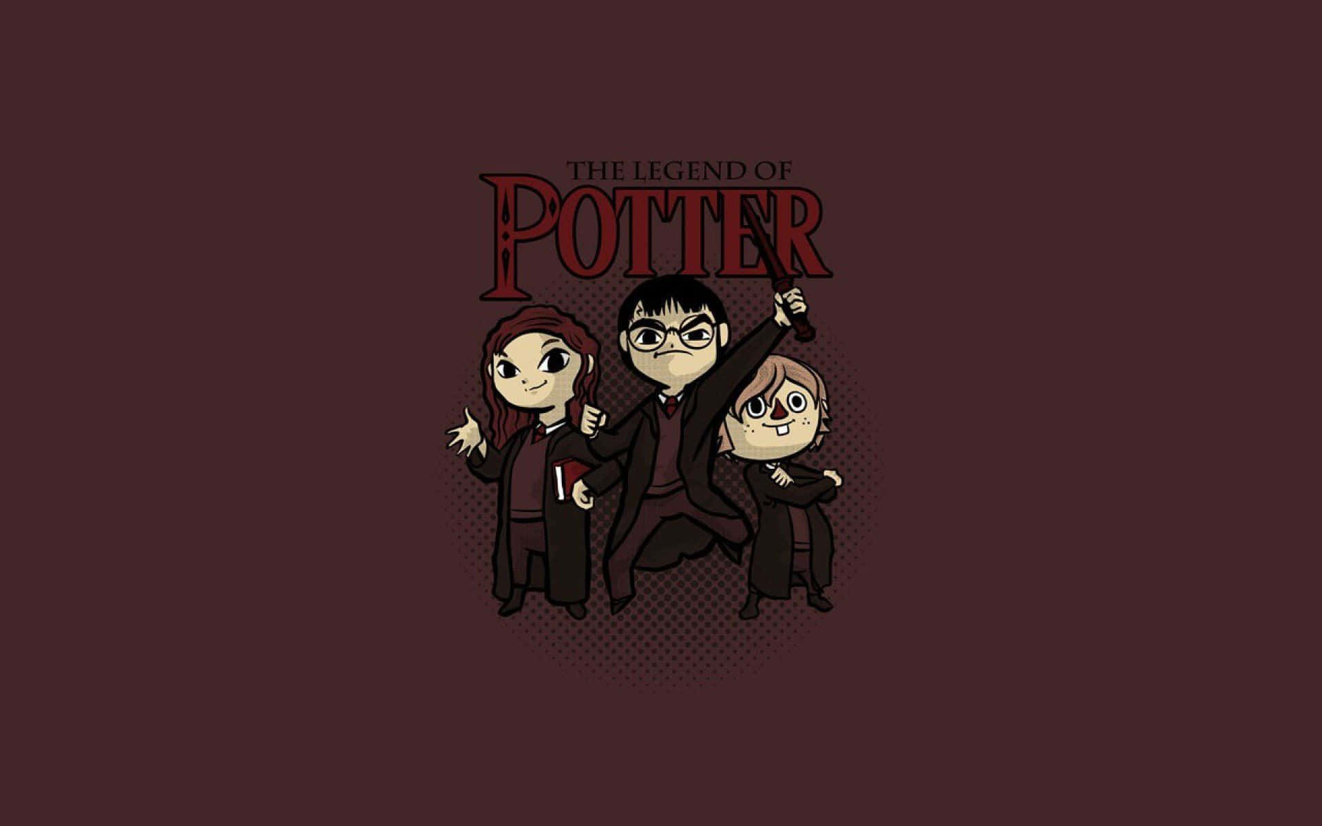  壁紙 — 三個Q版哈利波特角色在栗色背景上，於「The Legend of Potter」標題下英勇地擺姿勢。