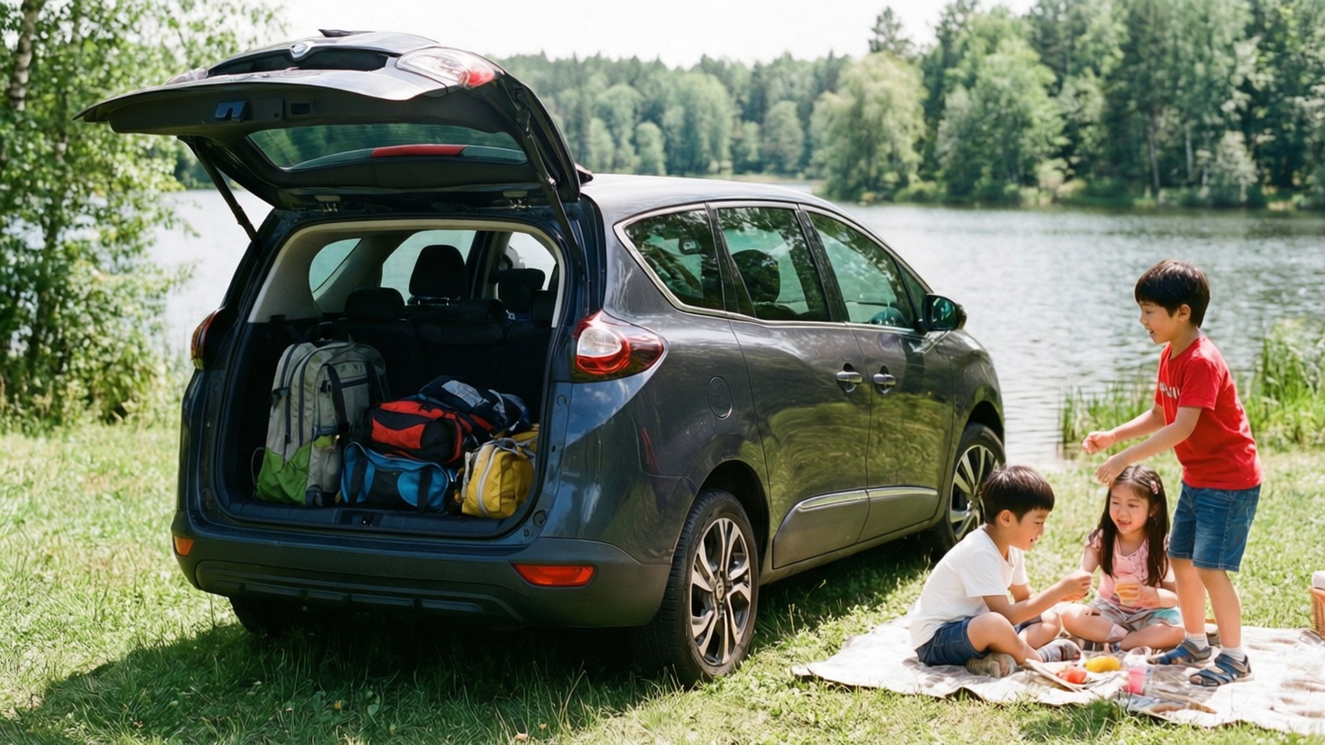Renault 桌布 壁紙 — 三個小孩在湖邊享受陽光野餐，附近停了一輛深灰色的車，後車廂打開著。