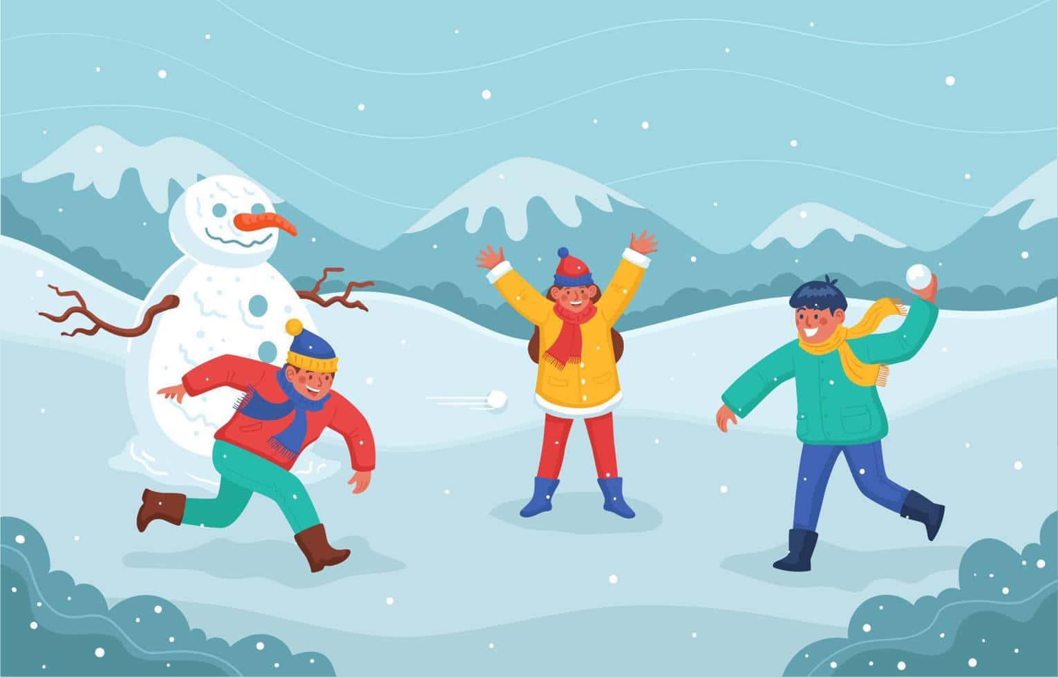  壁紙 — 三個孩子在雪地山景中，在雪人附近快樂地打雪仗。