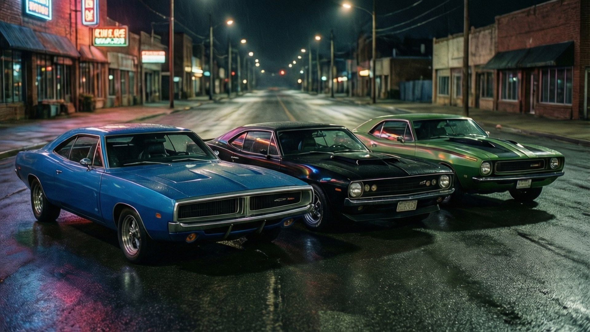 Neon Muscle Car Lineup 壁紙 — 三輛經典肌肉車藍色黑色和綠色在夜間潮濕空蕩的市中心街道上路燈下閃閃發光。