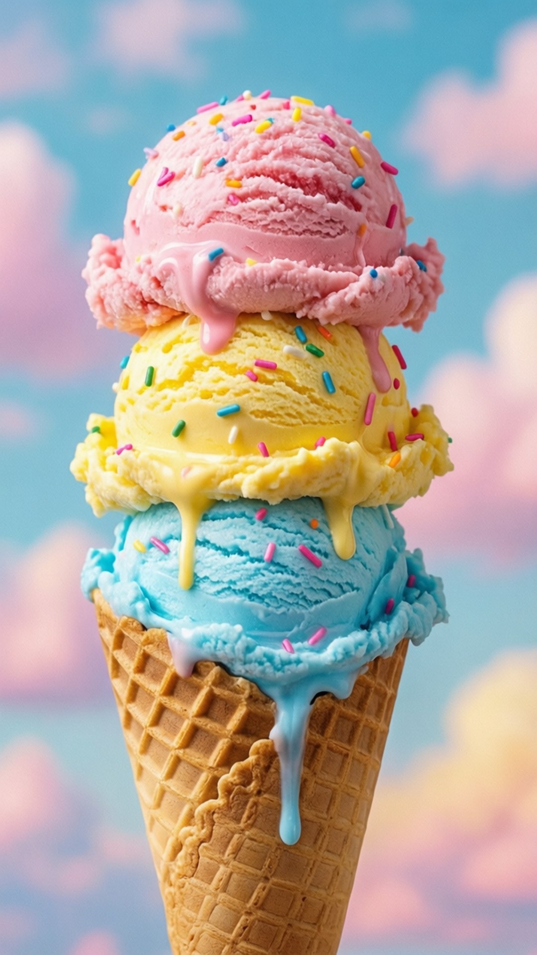 Colorful Ice Cream Cone 壁紙 — 一個高聳的窩夫筒盛載著三球正在融化的粉紅色、黃色和藍色冰淇淋，滴著彩色糖粒，襯托著粉彩色的天空。