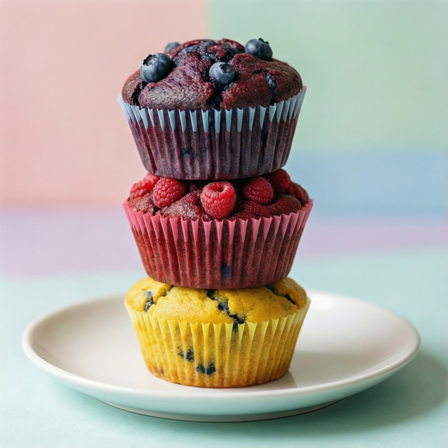 Colorful Muffin Stack 壁紙 — 三個色彩繽紛的馬芬堆疊在盤子上，有藍莓、覆盆子和黃色品種，上面放有新鮮莓果。