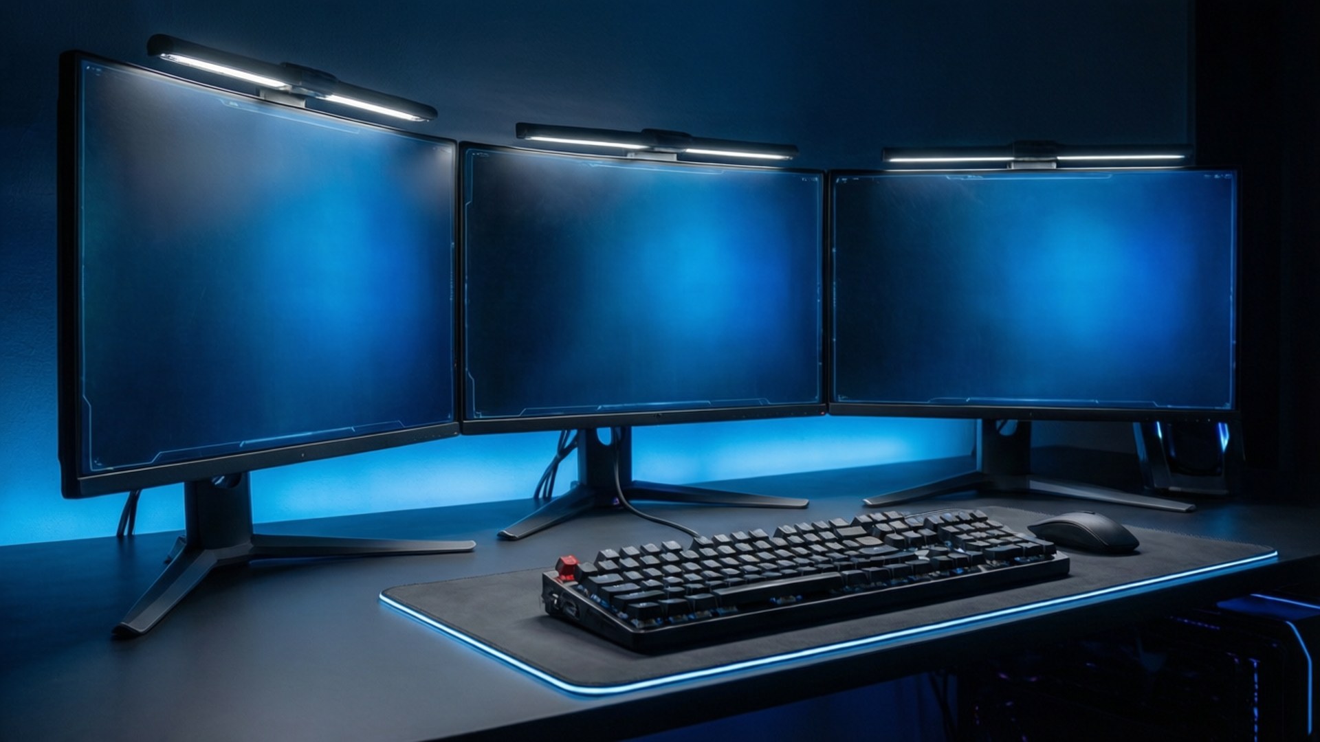 Tech 4K PC 桌布 壁紙 — 三個帶有藍色背光的曲面顯示器放在一張桌子上，配備機械鍵盤和滑鼠，在環境藍光下。