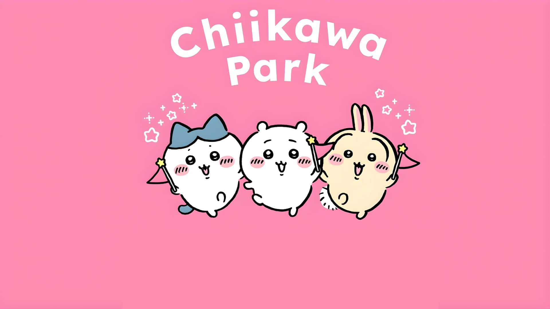  壁紙 — 三個可愛的 Chiikawa 角色帶著閃光，在純粉紅色背景上，於「Chiikawa Park」文字下方愉快地擺姿勢。