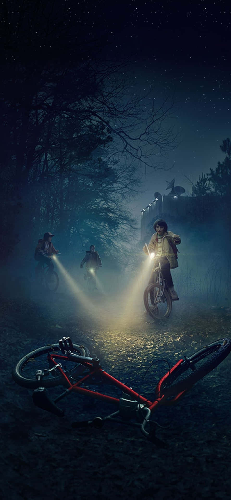  壁紙 — 三名騎自行車者在夜間騎行穿過霧氣瀰漫的森林，頭燈照亮了前景中一輛倒下的紅色自行車。