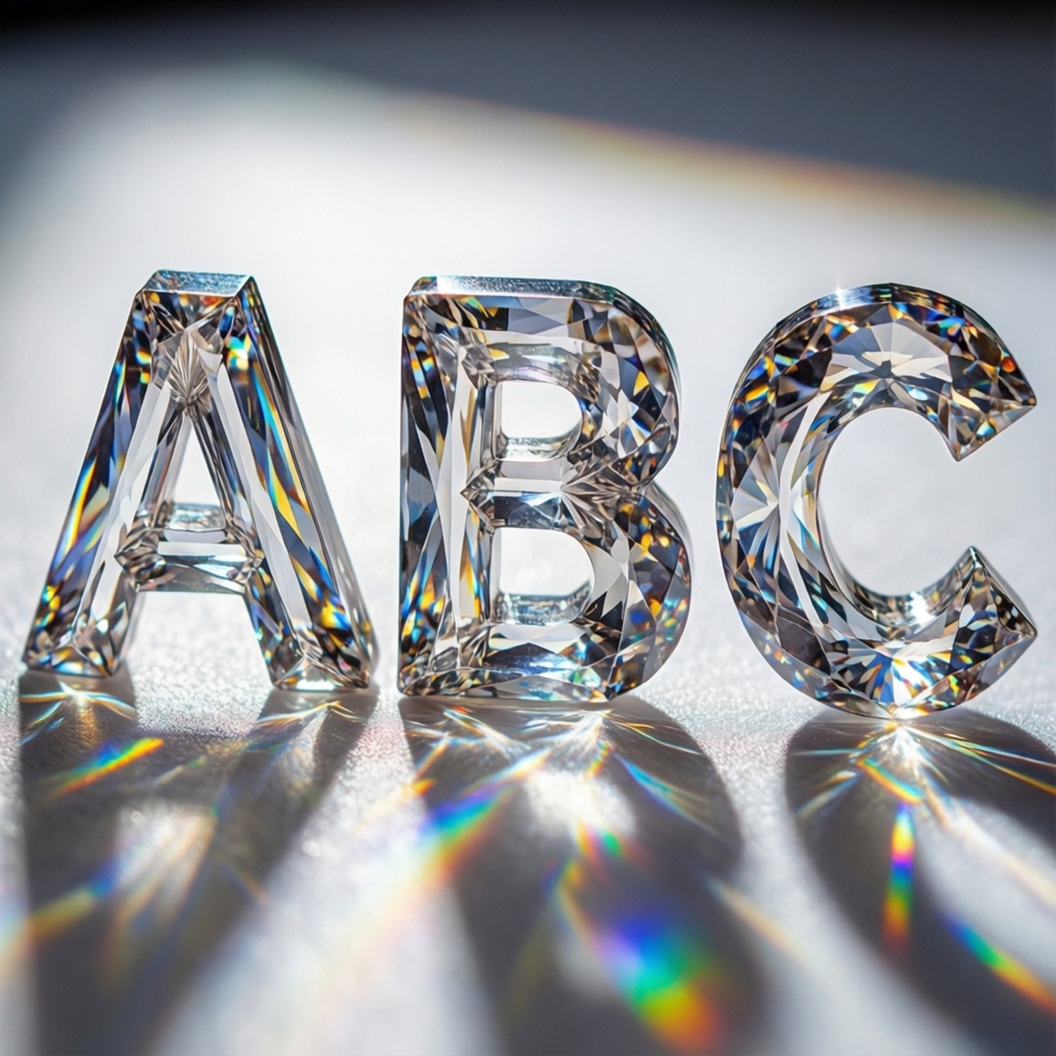 Crystal ABC Prism 壁紙 — 三個鑽石切割字母 ABC 在反光表面上閃爍著彩虹折射。