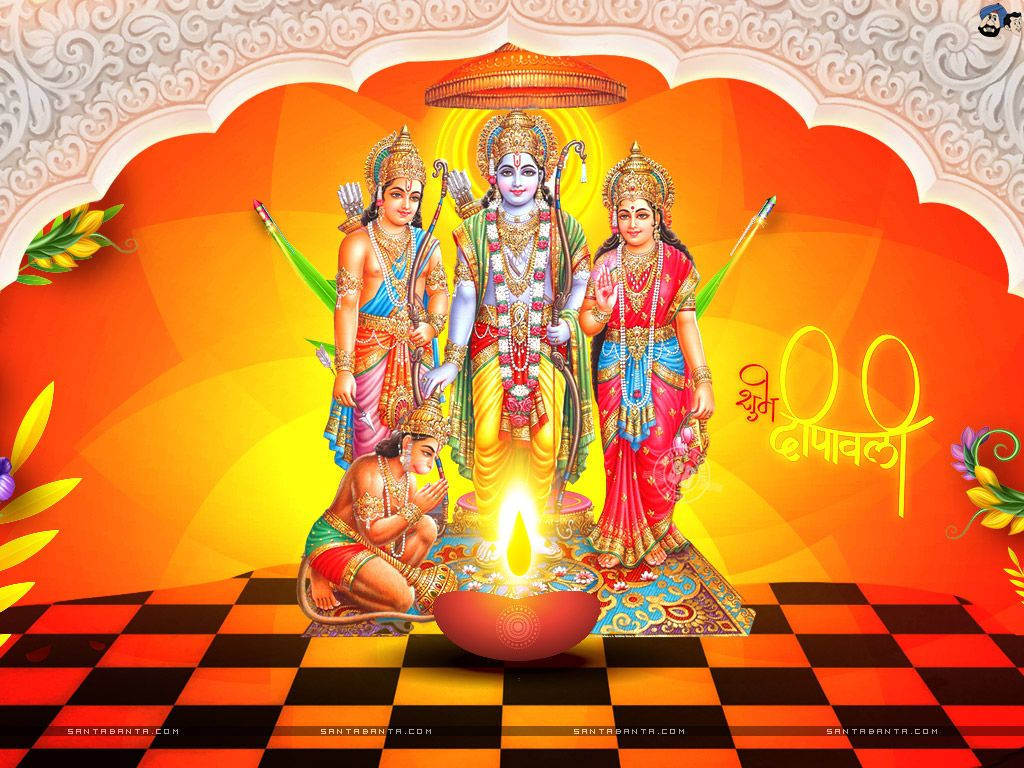 印度教神祇在棋盤格紋地板上用發光的迪亞燈慶祝排燈節。 — 3D 壁紙