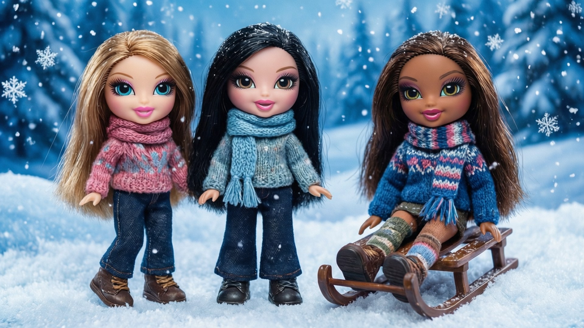 Winter Wonderland Bratz 壁紙 — 三個穿著冬季毛衣和圍巾的娃娃女孩在雪地森林中站在和坐在雪橇上，雪花飄落。
