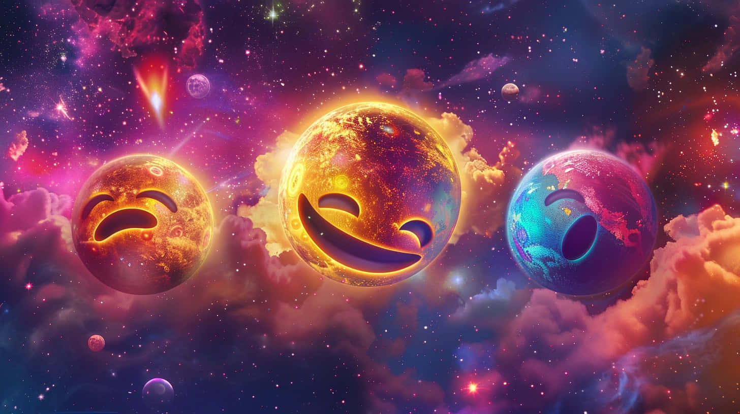  壁紙 — 三個表情符號星球，帶有微笑、皺眉和眨眼的表情，漂浮在充滿活力的宇宙雲層和星星之間。