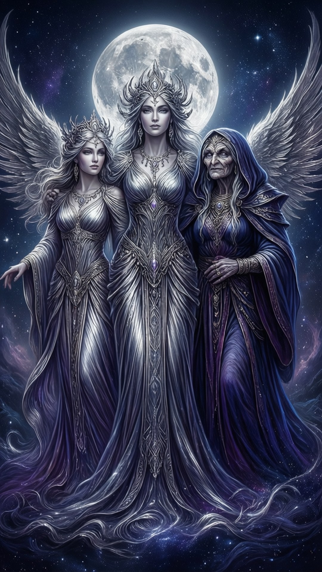 Triple Goddess Moon 壁紙 — 三位身穿銀色和紫色長袍的空靈有翼女神站在發光的滿月前，背景是繁星點點的宇宙。