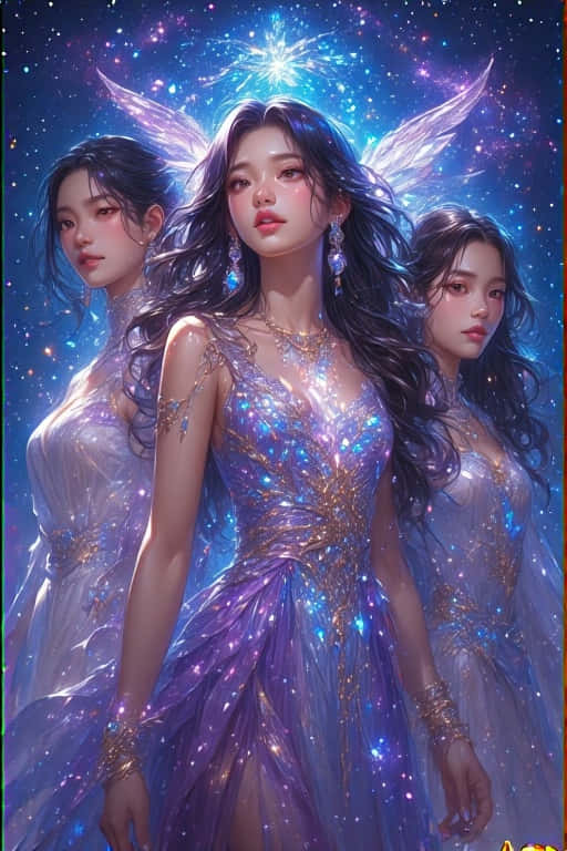 三位有翼女性，身穿閃爍紫裙，背景是星空的宇宙 — Blackpink 壁紙