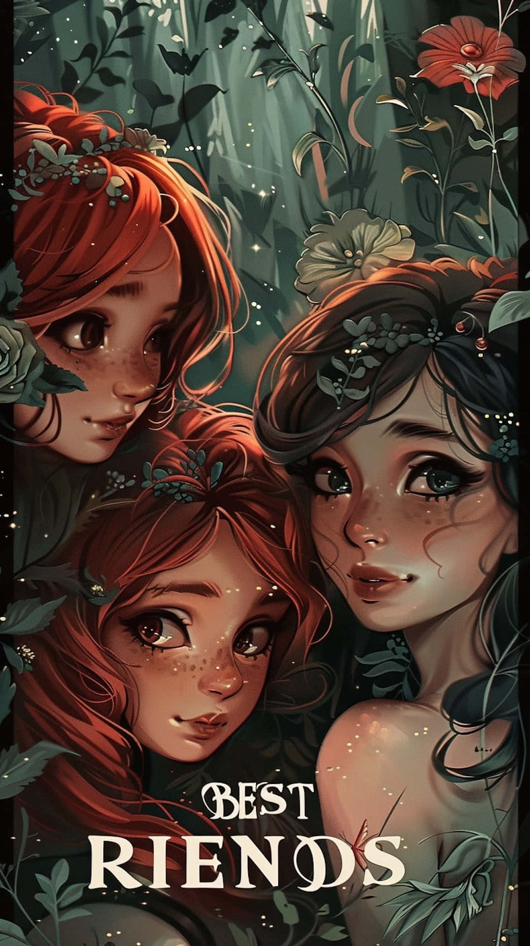  壁紙 — 三個戴著花冠的仙女般的女孩在一個散發著生物螢光的神秘森林中溫柔地凝視。