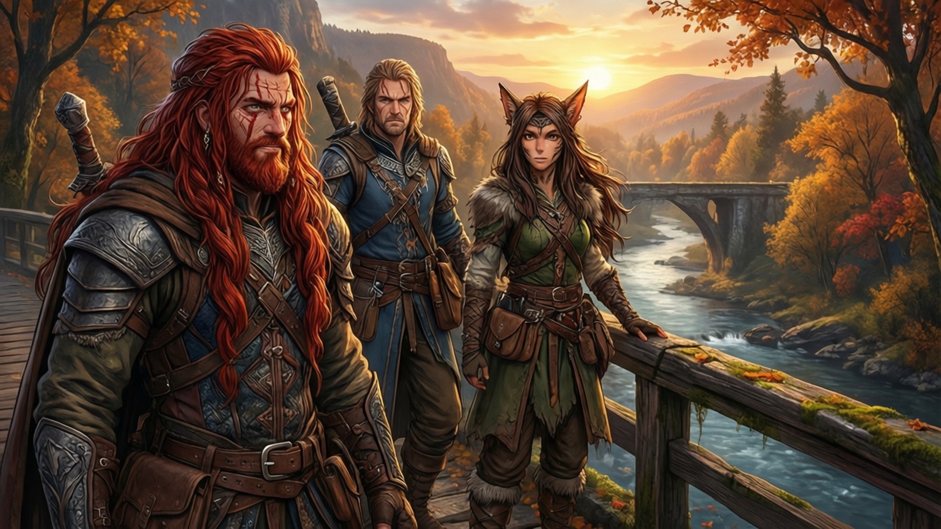 Rift Adventurers 壁紙 — 三位奇幻冒險者站在日落時分的木橋上，俯瞰著河流，背景有秋天的樹木和山脈。