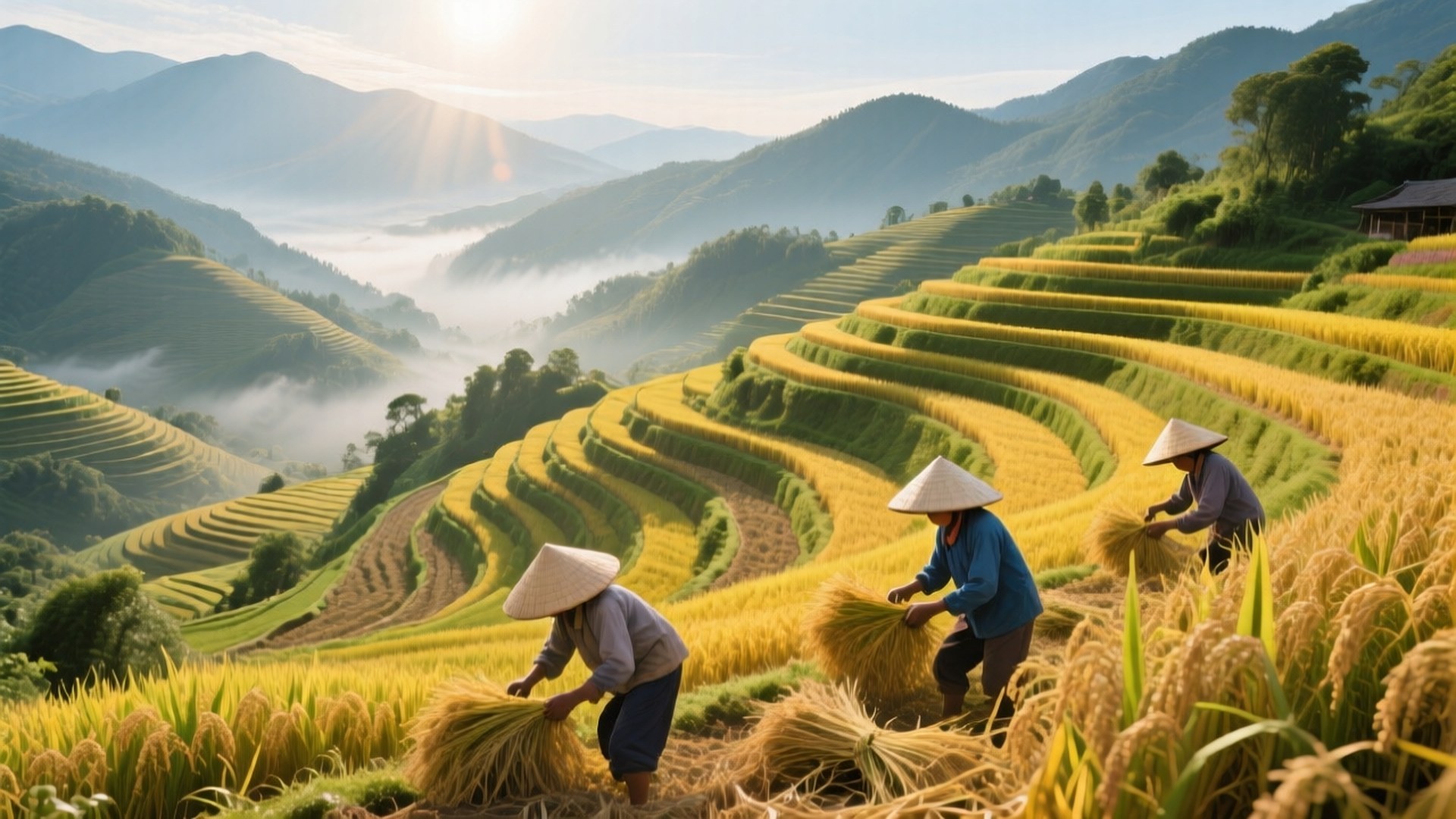 Sapa Rice Terraces 壁紙 — 三位戴著錐形帽的農民在陽光普照的山脈下，於霧氣繚繞的梯田上收割金黃色的稻米。