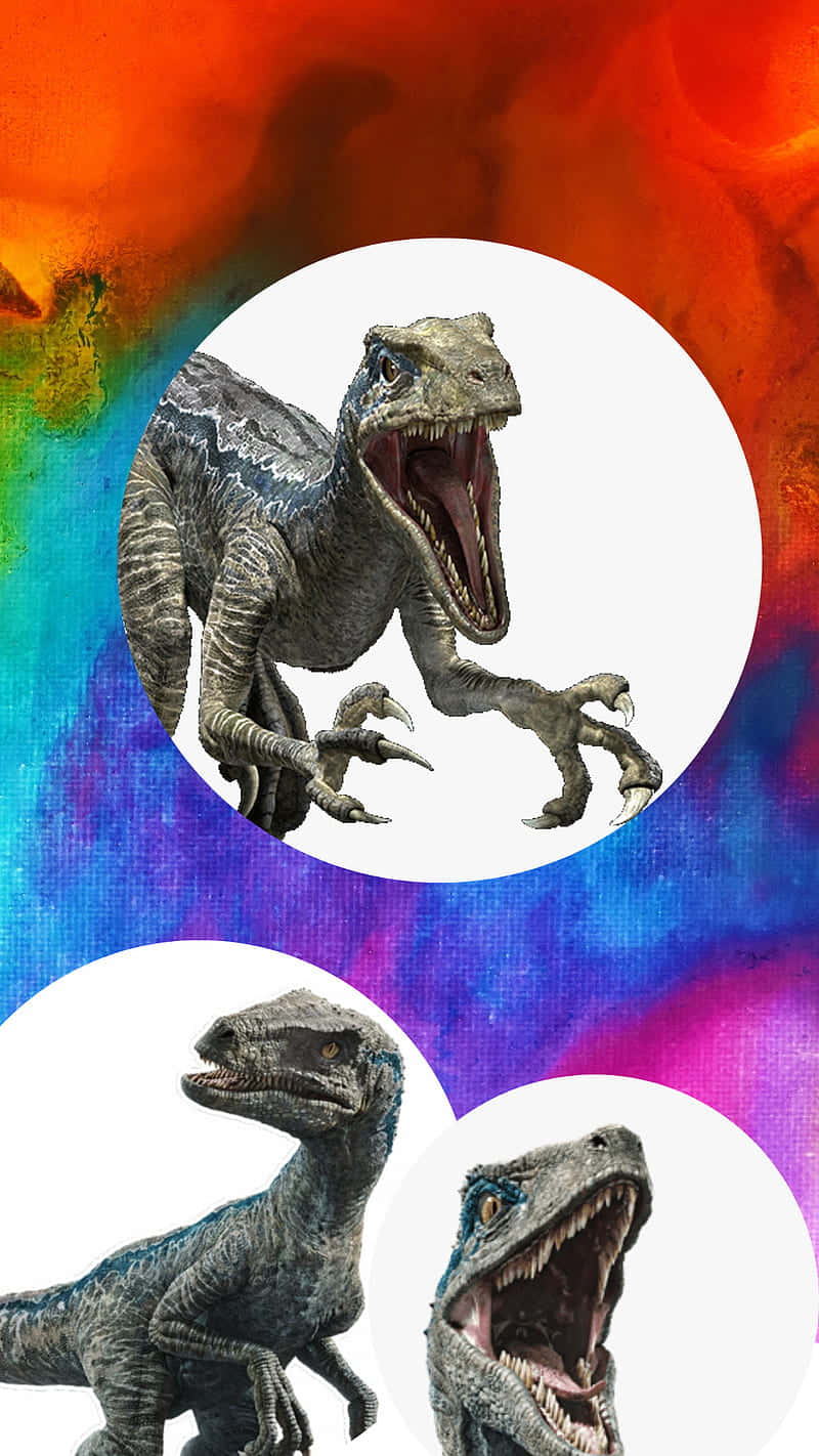  壁紙 — 三隻兇猛的恐龍從圓形框架中咆哮，背景是充滿活力的彩虹漸變色。
