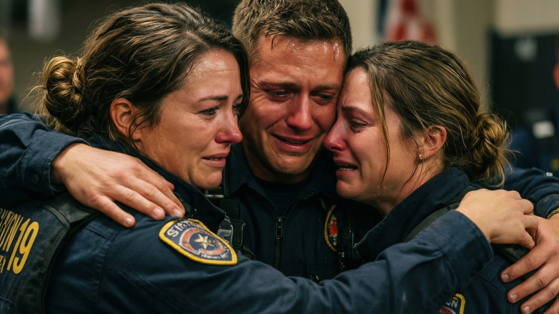 After the Rescue 壁紙 — 三名身穿藍色制服的消防員在車站環境中緊緊擁抱，哭泣時情緒明顯。