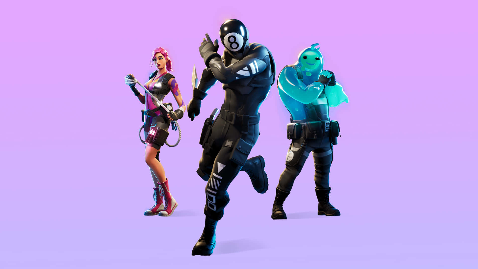  壁紙 — 三個《Fortnite》角色穿著鮮豔服裝，在純紫色背景前動態擺姿勢。