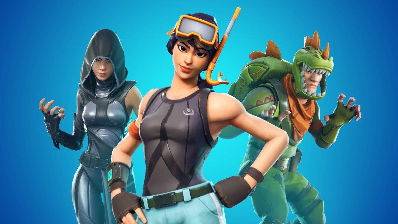 三個穿著色彩繽紛服裝的 Fortnite 遊戲角色在藍色背景前擺姿勢。 — Fortnite 壁紙