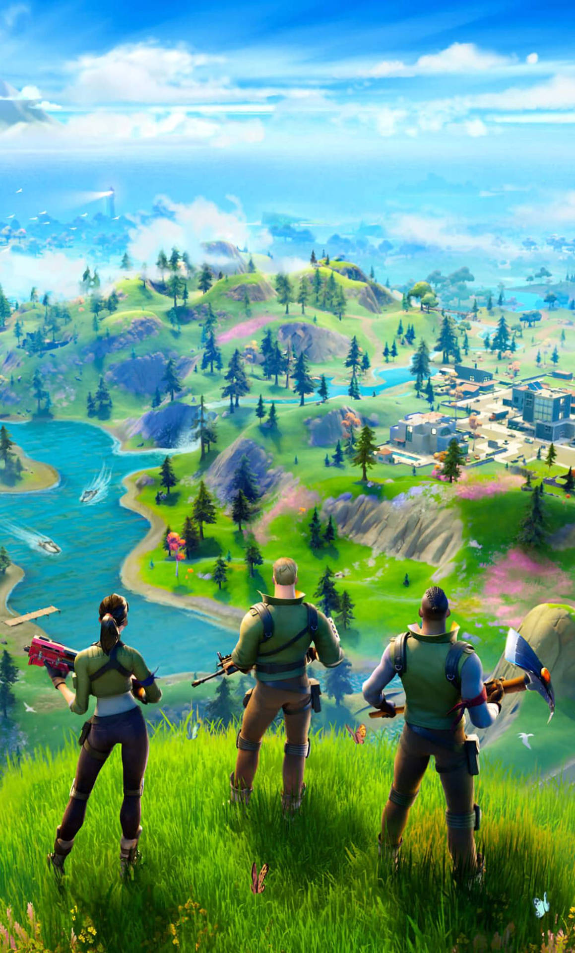 三個Fortnite玩家俯瞰著色彩繽紛的遊戲地圖，有河流、森林和建築物。 — Fortnite 壁紙