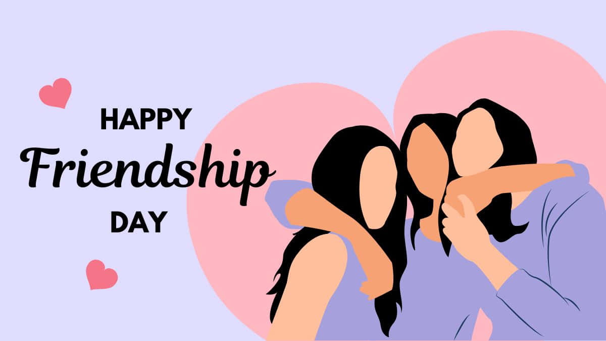  壁紙 — 三位朋友在粉紅色心形圖案前溫暖地擁抱，帶有 'Happy Friendship Day' 文字，柔和粉彩插圖。