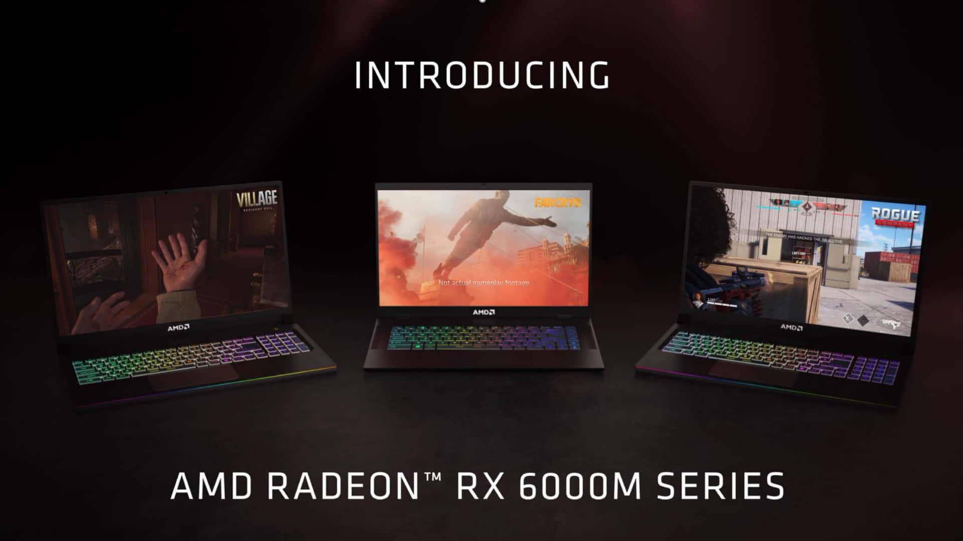 三部 AMD Radeon 筆記型電腦，顯示不同的遊戲，鍵盤發光。 — Amd 壁紙