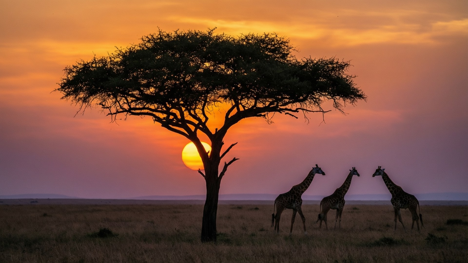Serengeti Sunset Giraffes 壁紙 — 三隻長頸鹿在孤獨的金合歡樹附近以剪影站立，夕陽以火熱的橙色和紫色色調落下。