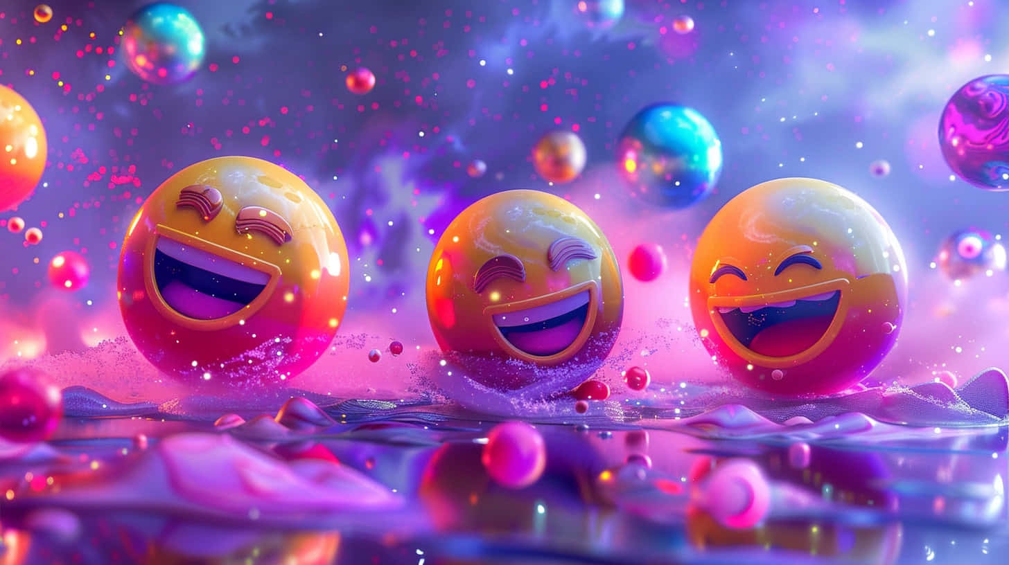  壁紙 — 三個歡樂大笑的表情符號球體漂浮在閃爍的宇宙水坑中，沐浴在霓虹星光下。