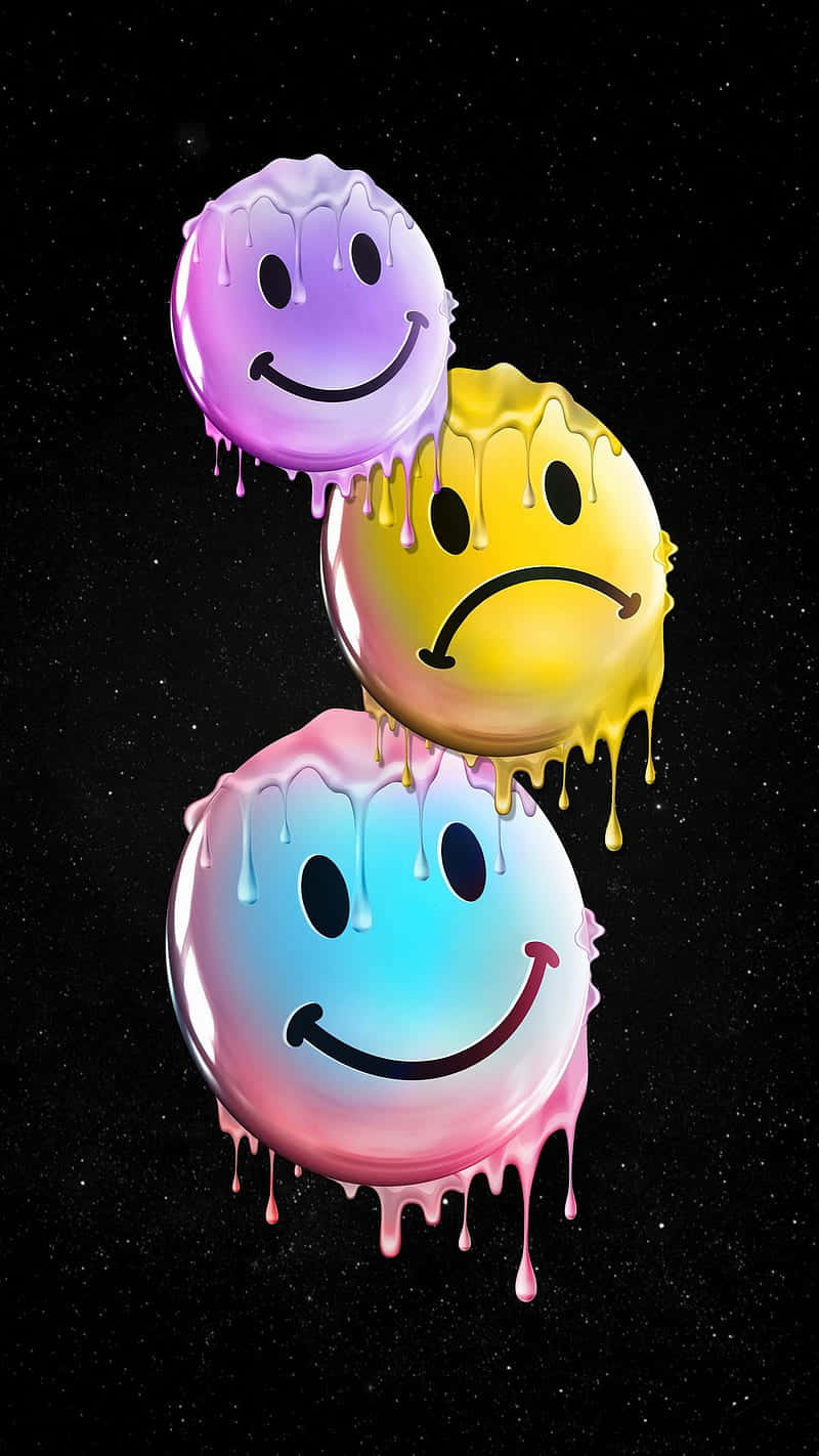  壁紙 — 三個閃亮融化笑臉在星空黑色背景上滴落彩色油漆。