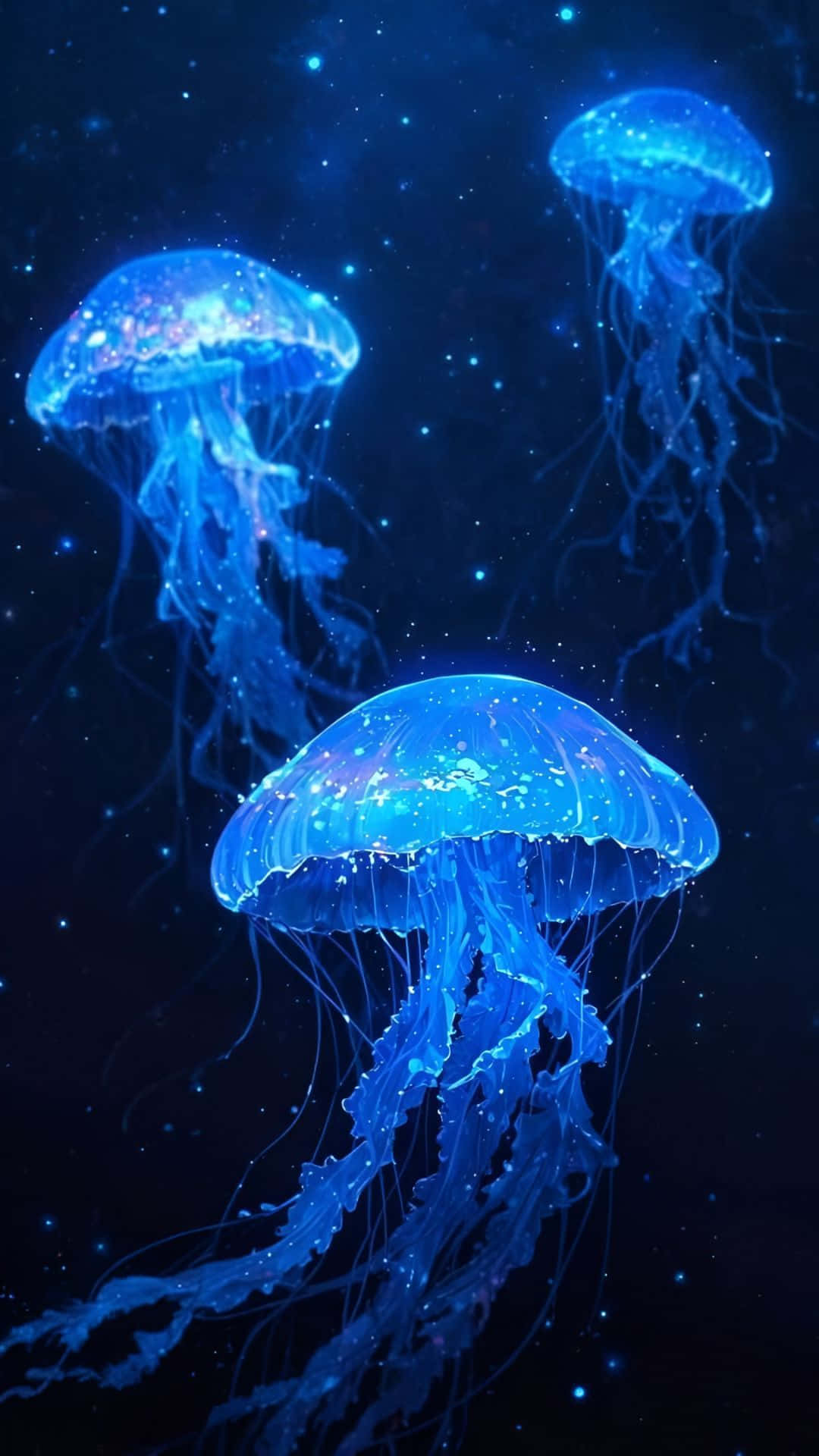  壁紙 — 三隻發光藍色水母在星光宇宙海洋中優雅漂浮，留下閃爍痕跡。