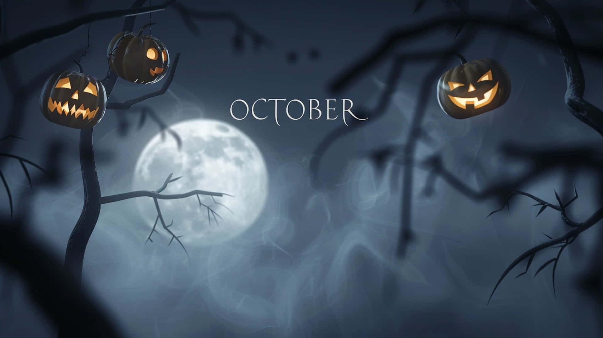 October Desktop 桌布 壁紙 — 三個發光的南瓜燈籠掛在光禿禿的樹枝上，背景是霧濛濛的夜空，有一輪滿月和「十月」字樣。
