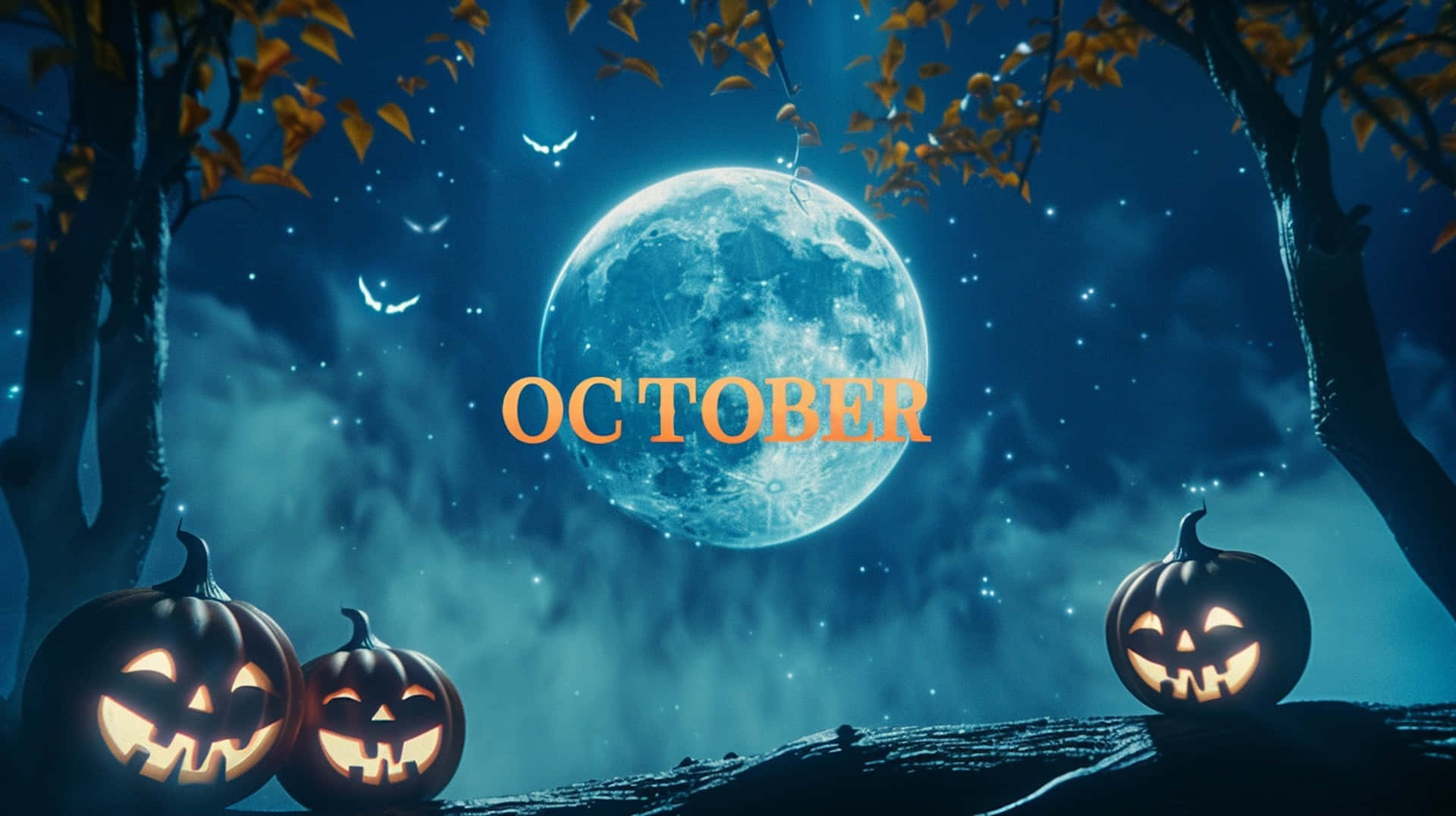 October Desktop 桌布 壁紙 — 三個發光的傑克南瓜燈在滿月下，夜晚的恐怖森林中，蝙蝠飛翔。