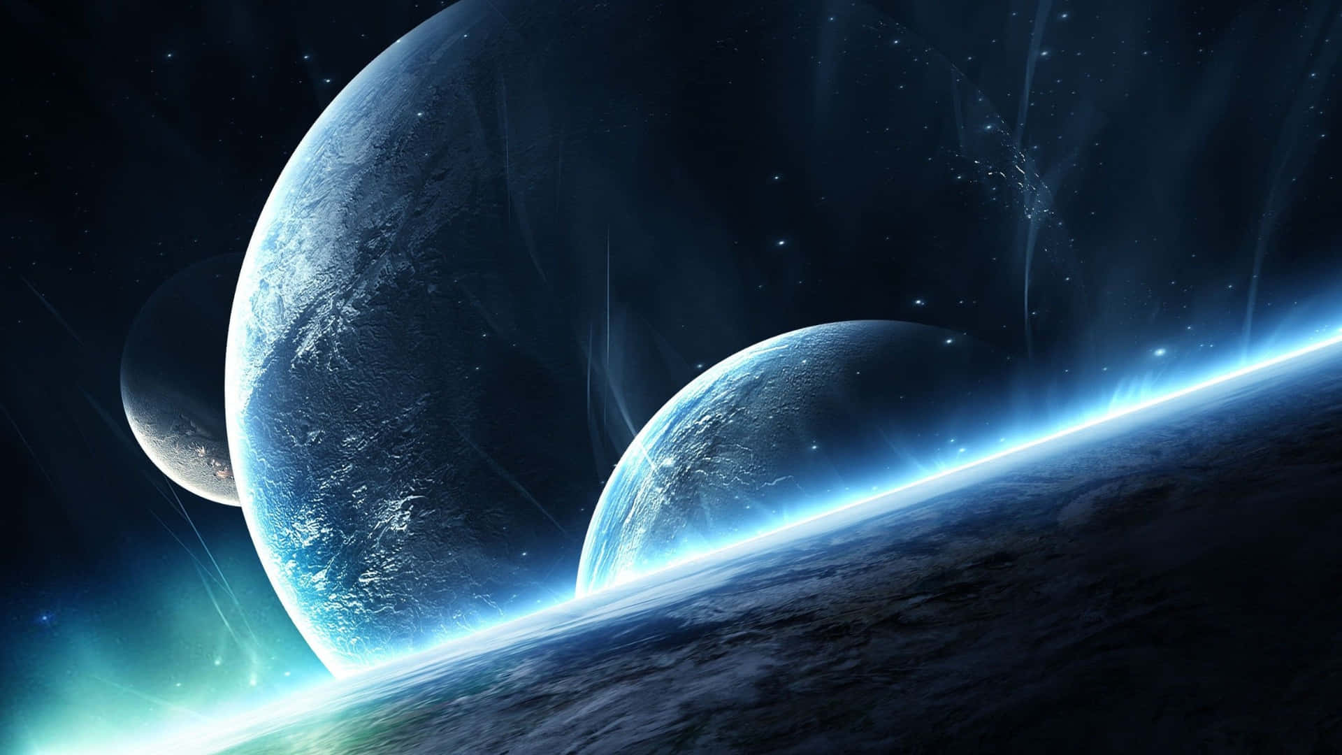  壁紙 — 三顆發光的行星漂浮在深空之中，帶有鮮豔的藍色大氣光芒和遙遠的星星。