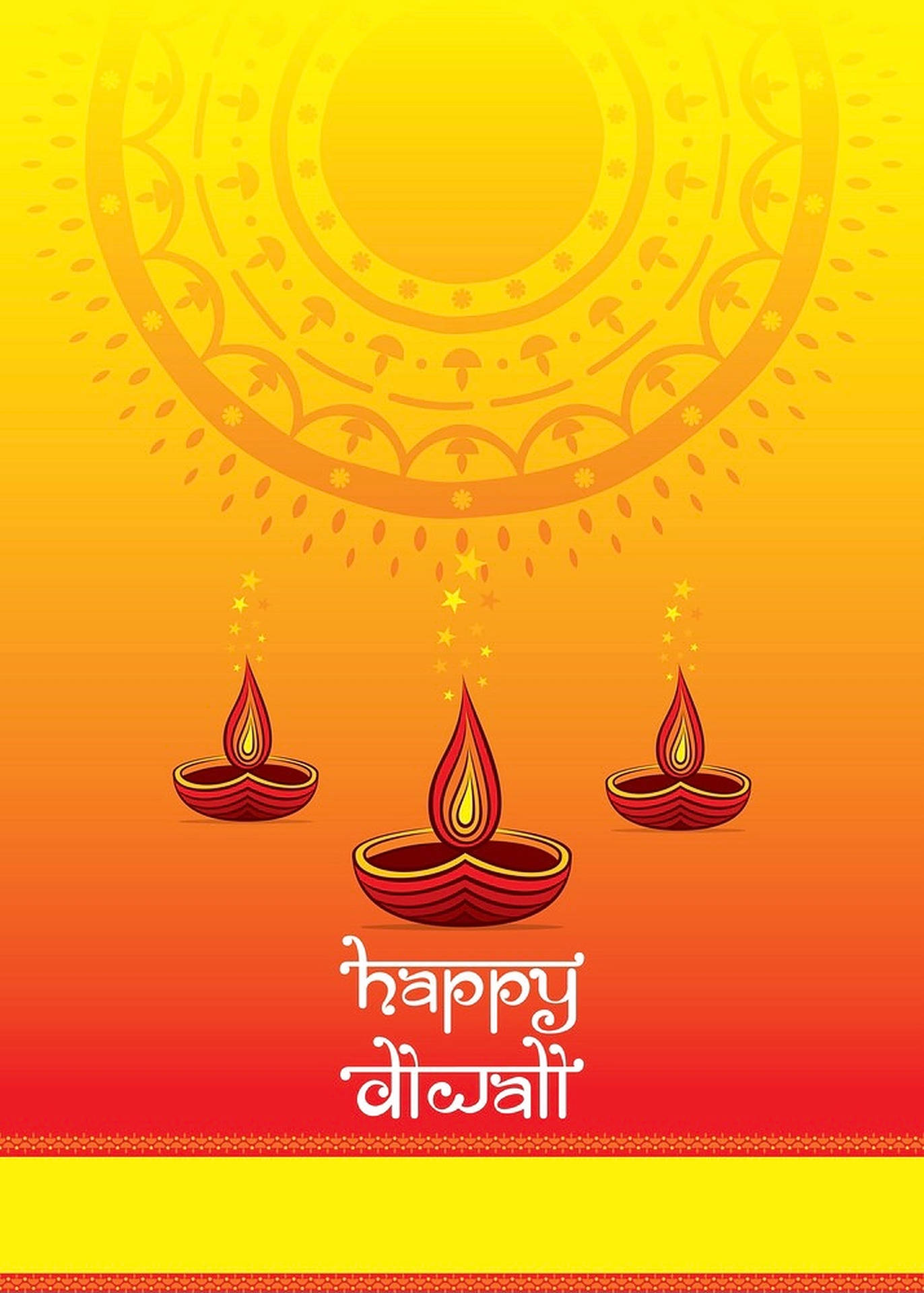 陽光下三盞點燃的迪亞燈，帶有「Happy Diwali」文字。 — 排燈節 壁紙