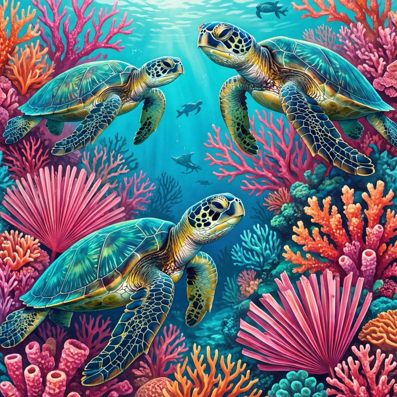 Turtle Reef Dream 壁紙 — 三隻綠海龜在陽光照射的水中，優雅地滑過充滿粉紅色、橙色和藍綠色珊瑚的鮮豔珊瑚礁。