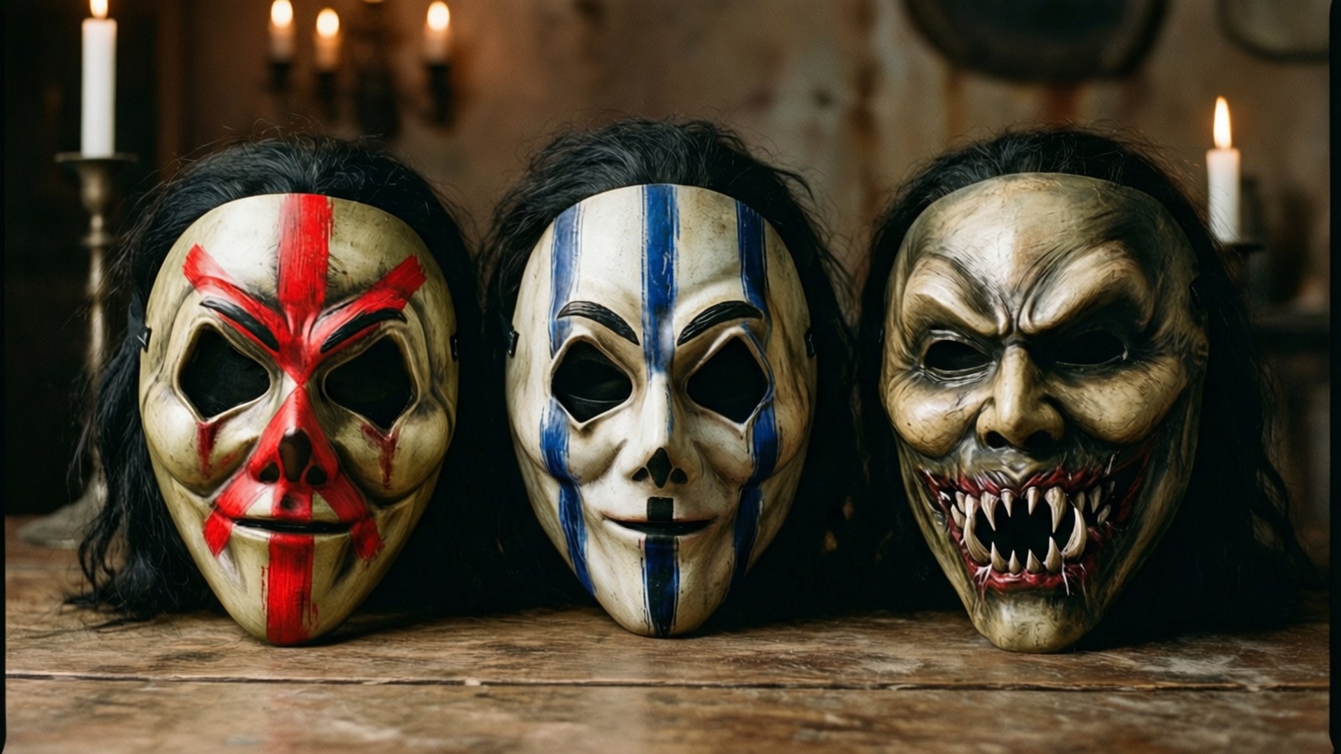 Purge Mask Trio 壁紙 — 三個怪誕恐怖面具，帶有紅色、藍色和尖牙設計，放在燭光下的木桌上。