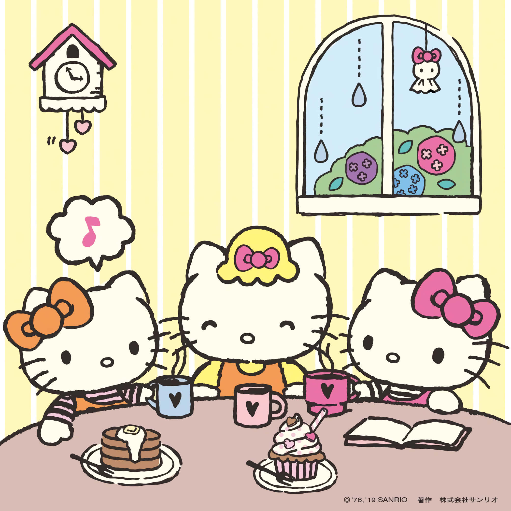 Mary White 桌布 壁紙 — 三個Hello Kitty角色在舒適的條紋房間裡享用早餐，桌上放有煎餅和杯子蛋糕，房間裡有布穀鳥鐘和下雨的窗戶。