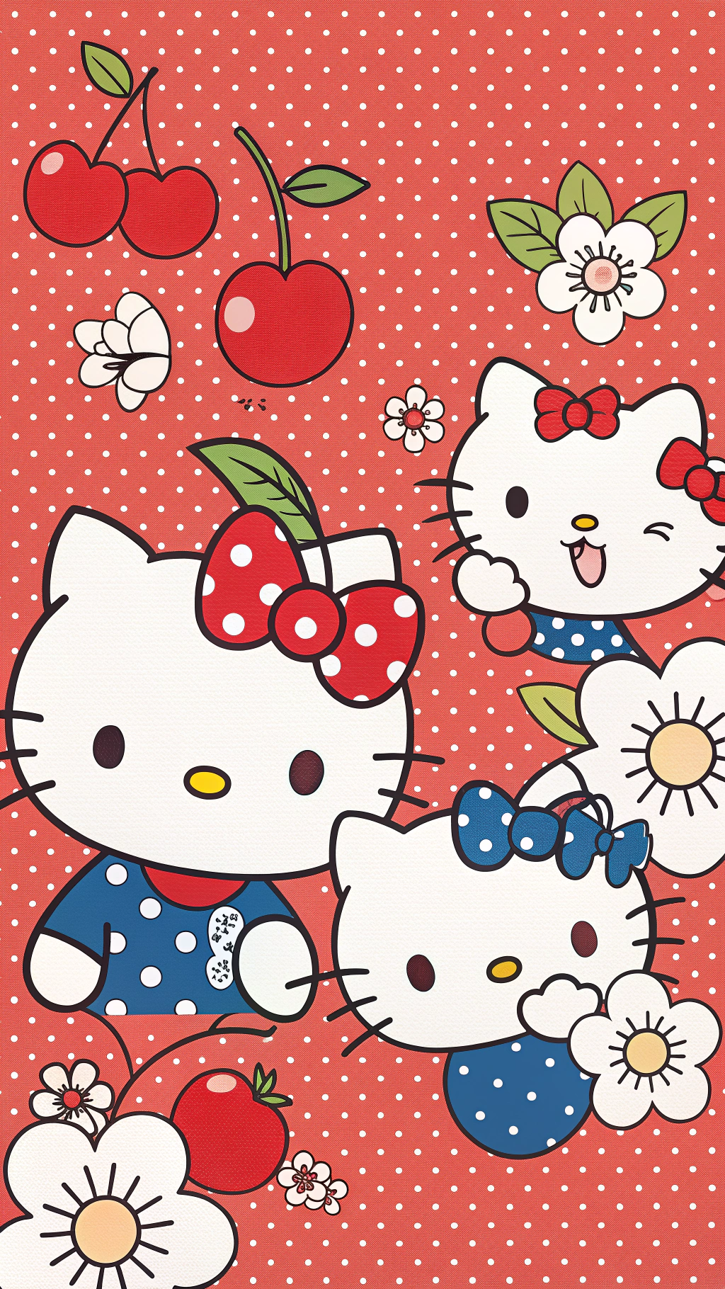 三個Hello Kitty角色在紅色圓點背景上戴著蝴蝶結和花朵。 — Sanrio 壁紙