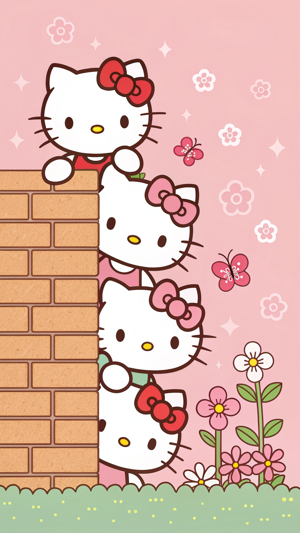 三個Hello Kitty角色在磚牆上探頭，伴隨花和蝴蝶。 — Hello Kitty 壁紙