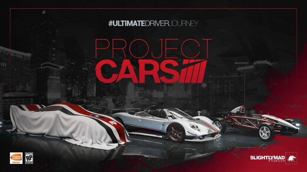 三輛賽車在城市景觀中展示，帶有紅色文字疊加。 — Project Cars 2 壁紙