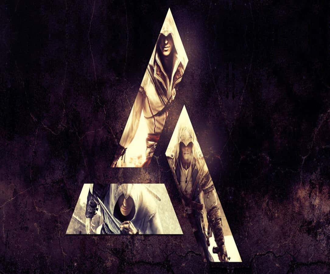 Abstergo 桌布 壁紙 — 三名身穿白色長袍的蒙面刺客站在一個發光的三角形標誌內，背景是破裂的暗牆。