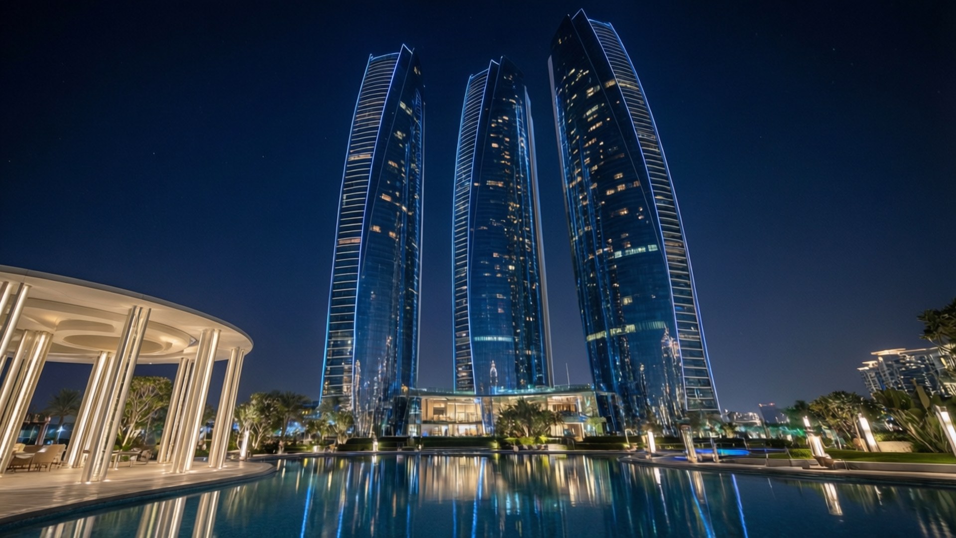 Etihad Towers Night 壁紙 — 三座帶有弧形玻璃幕牆的照明摩天大樓在深藍色夜空下倒映在寧靜的泳池中。
