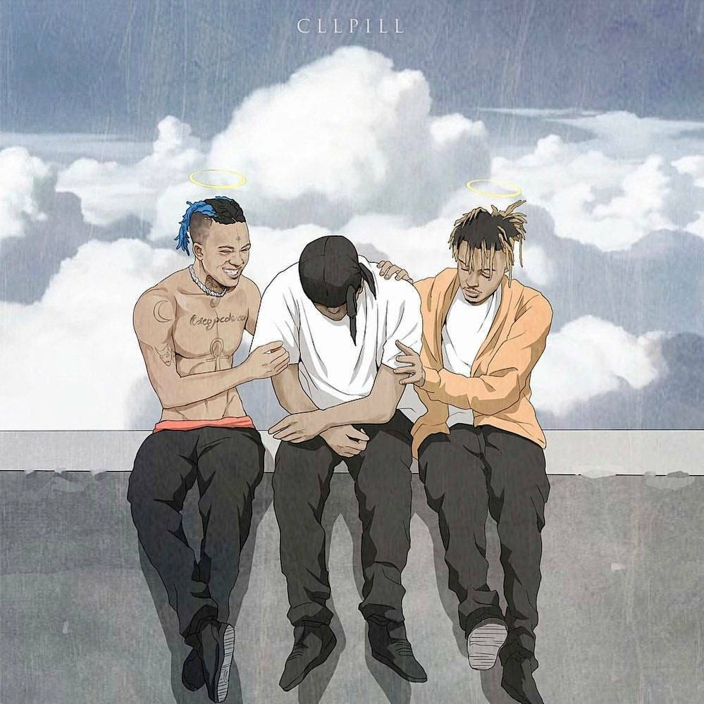 三個帶光環的男人坐在壁架上，在雨雲下互相安慰。 — Xxxtentacion 壁紙
