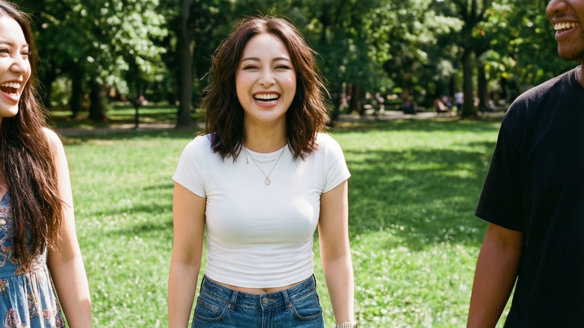 Playful Nancy 壁紙 — 三位快樂的朋友在陽光明媚的公園裡一起大笑，周圍有茂密的綠樹和草地。